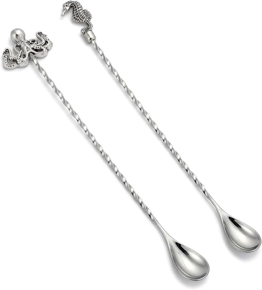 Homestia 12'' Bar Spoon, 2 Pcs Cocktail Spoon with Octopus Seahorse Decor | Dirty Soda Bar Supplies, Stainless Steel Coffee Bar Use, Mixing &amp; Layering Drink Stirrer, Long Spoon for Bartending Stirring
