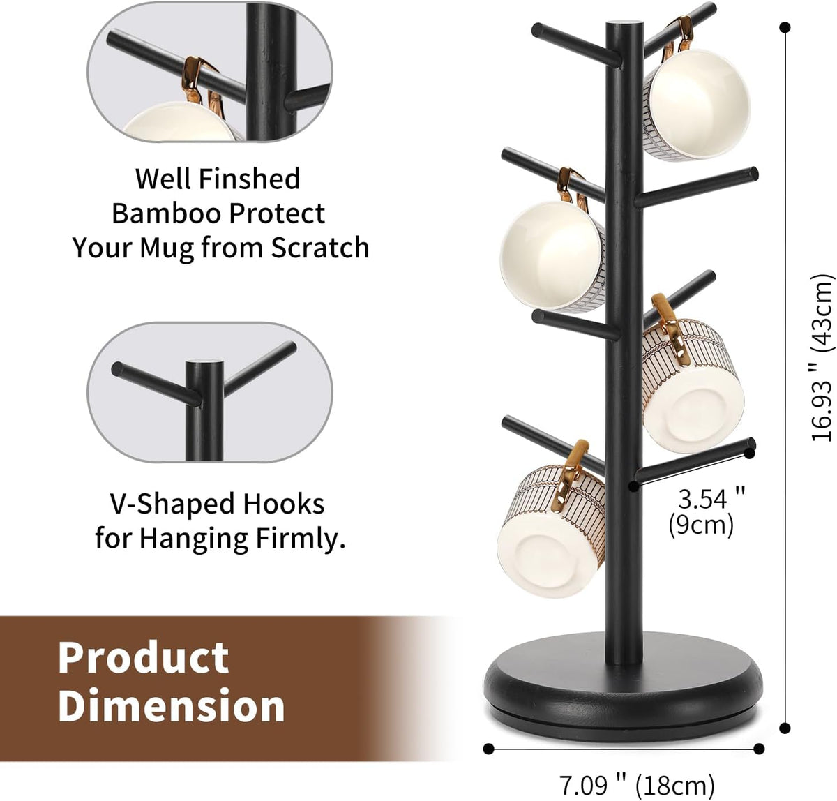 BAMBANG Mug Holder, 360° Rotating Mug Tree Holds 8 Coffee Cups, Space Saving Mug Rack with Stable Base for Kitchen Coffee Bar