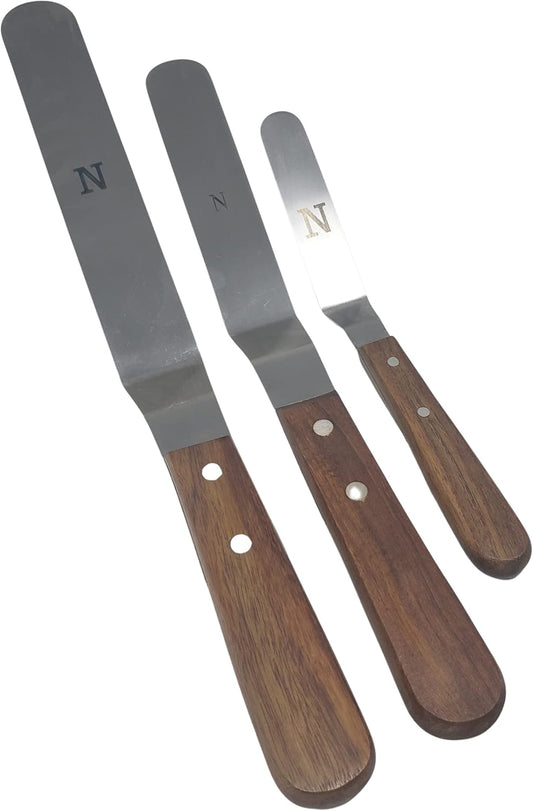 Offset Stainless Steel Spatula Set with Wood Handle - Professional Cake Decorating Tools - 4", 6.5" & 8" Stainless Steel
