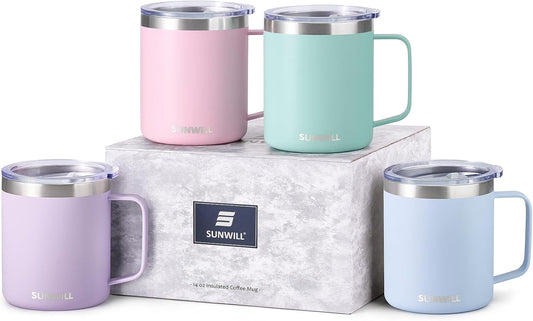 SUNWILL Travel Coffee Mugs Set of 4, Insulated Tumbler with Lid, 14 oz Stainless Steel Cup with Handle Bulk for Gift,