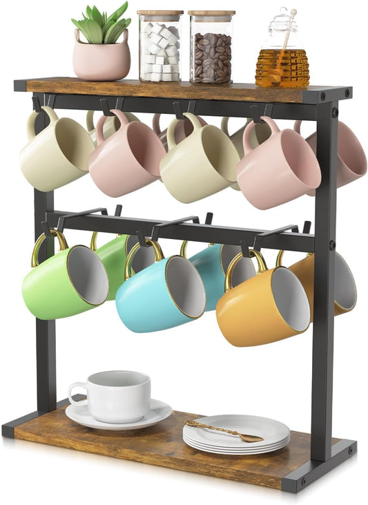 EsLuker.ly Coffee Mug Holder Cup Tree Rack for Countertop, 2 Tier Rustic Wood Coffee Bar Station Organizer Narrow Display