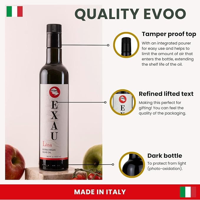 EXAU Extra Virgin Olive Oil - Lina, 897 mg/kg Polyphenol Rich Olive Oil, Cold Extracted Premium Italian EVOO Made in Italy, Use for Drinking Cooking and Finishing, 16.9 fl oz (500ml)