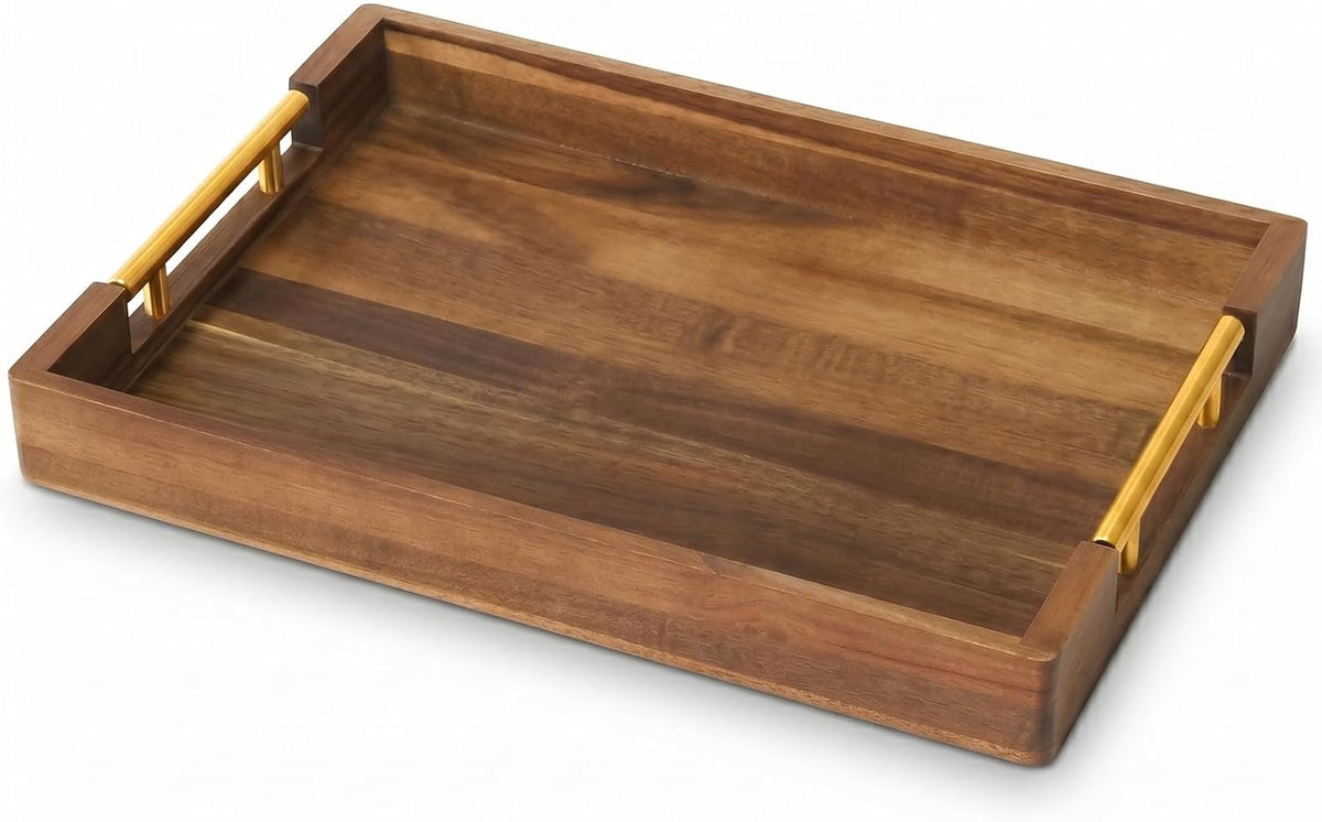 Acacia Wood Serving Tray with Golden Handles, 17" Wooden Tray for Ottoman | Large Wooden Tray for Ottoman, Coffee Table, Breakfast in Bed, Bar, Rectangular Decorative Tray for Modern Farmhouse Decor