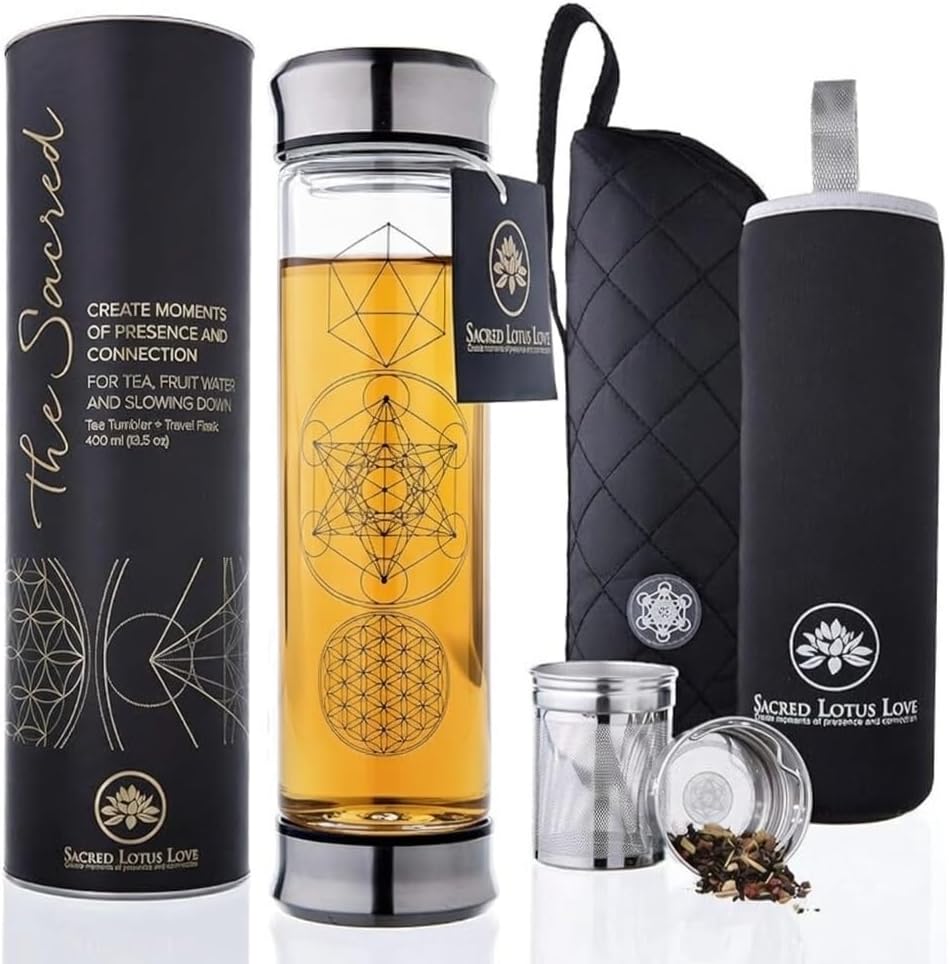 Sacred Lotus Love Double-Walled Glass Tea Infuser Bottle 14oz Portable Travel Mug with Strainer and Sleeve for Loose Leaf Tea, Coffee, Smoothies - Insulated Tumbler with Lid for Hot and Iced Beverages
