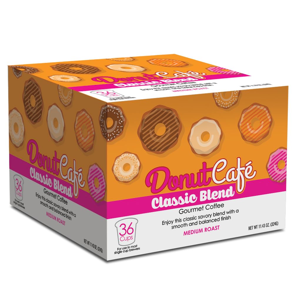 Donut Café K-Cup Coffee Pods, Medium Roast, Classic Blend, 36 Count | Single Serve, Vegan, Allergen Free, Non-GMO, Kosher, Vegetarian, Compatible with Keurig K Cup Brewers, Smooth &amp; Delicious
