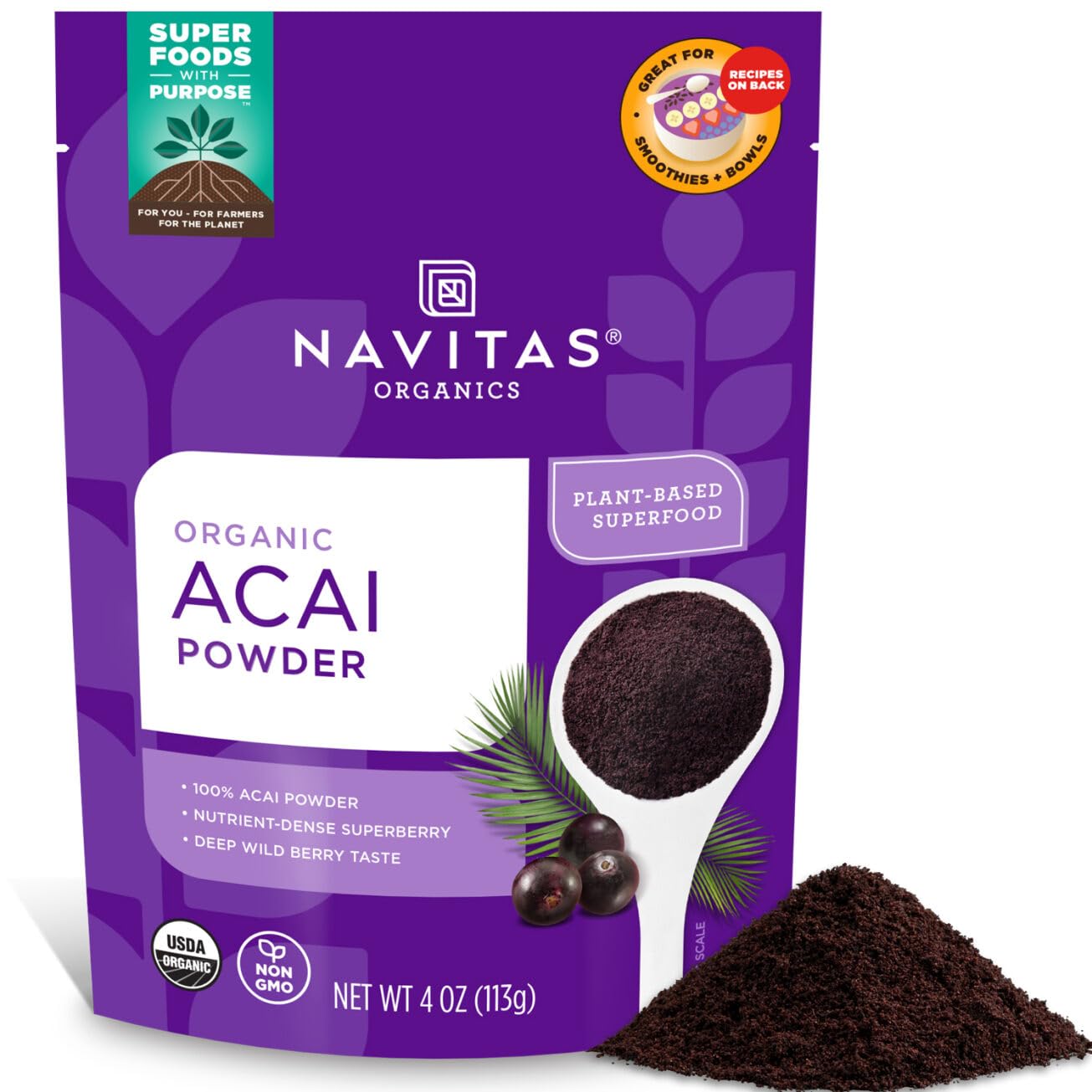 Navitas Organics Acai Powder – for Smoothie Bowls, Oatmeal, Dips, Sauces &amp; More – Antioxidants, Omega 3 6 9, Fiber - USDA Organic, Non GMO, Kosher, Gluten Free, Keto (4oz. Bag, 38 Servings)