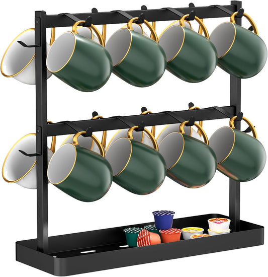 Coffee Mug Holder for Countertop 20 Hooks Mug Tree Rack 2 Tier Counter Cups Mugs Display Stand with Heavy Duty Metal Storage