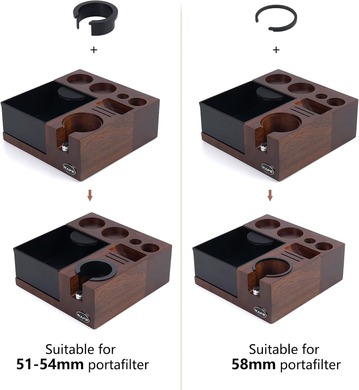 IKAPE V5 Espresso Knock Box, Espresso Coffee Organizer Box Fit for Storage 51, 54, 58MM Espresso Tamper, Distributor, Portafilter &amp; Puck Screen Accessories, Natural Walnut Station Base(9 IN One)