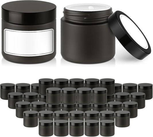 2 oz Glass Jars with Lids, Bumobum 48 pack Black Cream Jars with Black Lids, Black and White Labels & Inner Liners, Empty