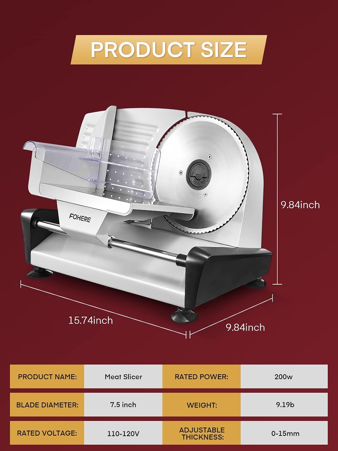 FOHERE 200W Meat Slicer 7.5" Serrated+Smooth Blades &amp; Adjustable Thickness