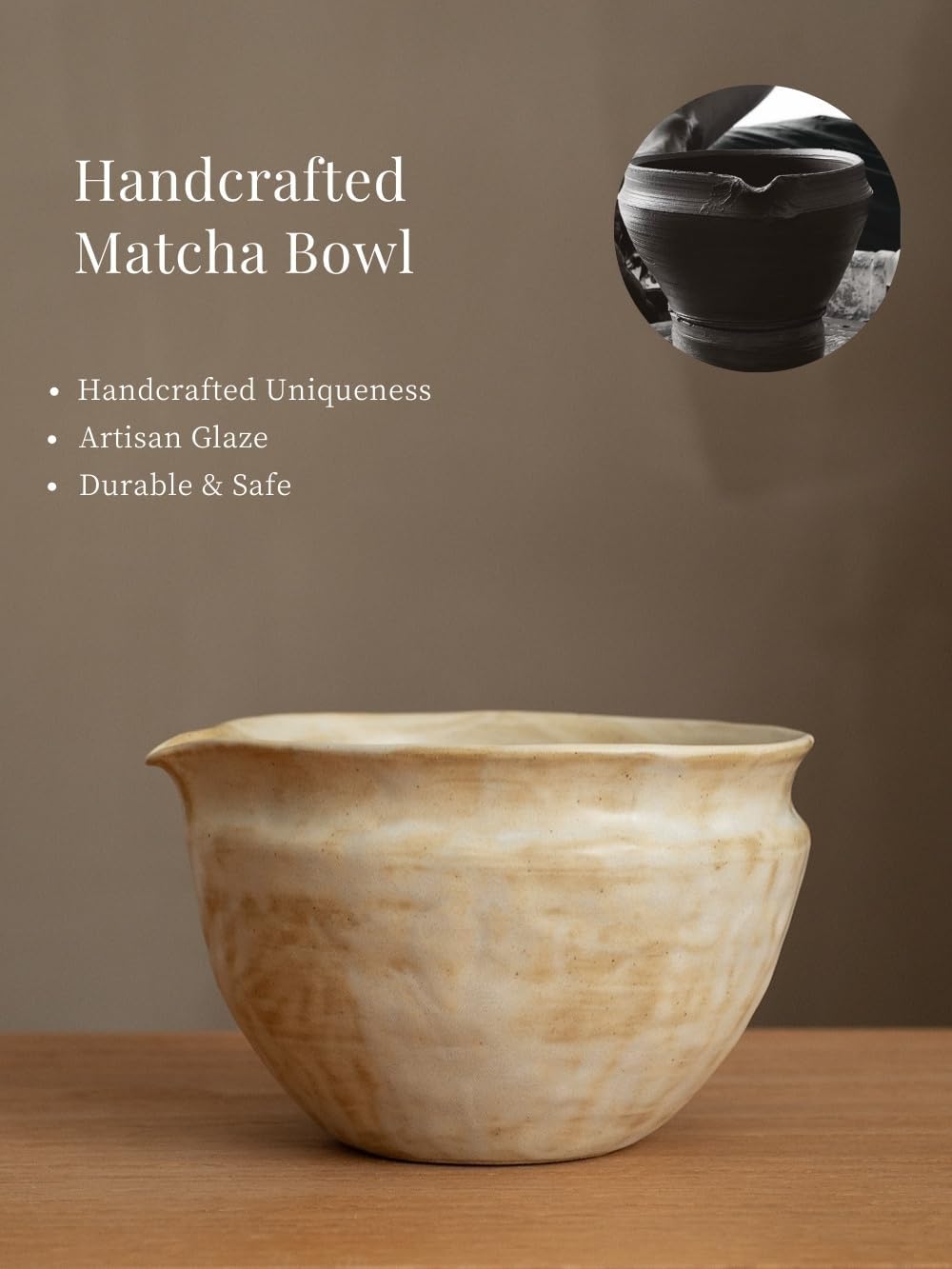 Matcha Set with Handmade Ceramic Bowl &amp; Bamboo Whisk, Sandstone, 6-Pc | Matcha Whisk Set, 16.9 Oz Matcha Bowl with Spout, Bamboo Whisk, Holder, Scoop, Sifter and Tea Cloth, Matcha Kit for Ceremony