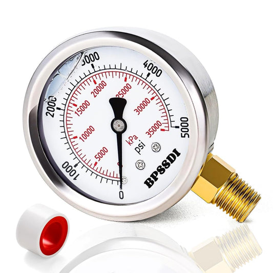 0-5000 Psi Glycerin Liquid Filled Hydraulic High Pressure Gauge, 2.5" Dial Size, 1/4" NPT Lower Mount, 304 Stainless Steel