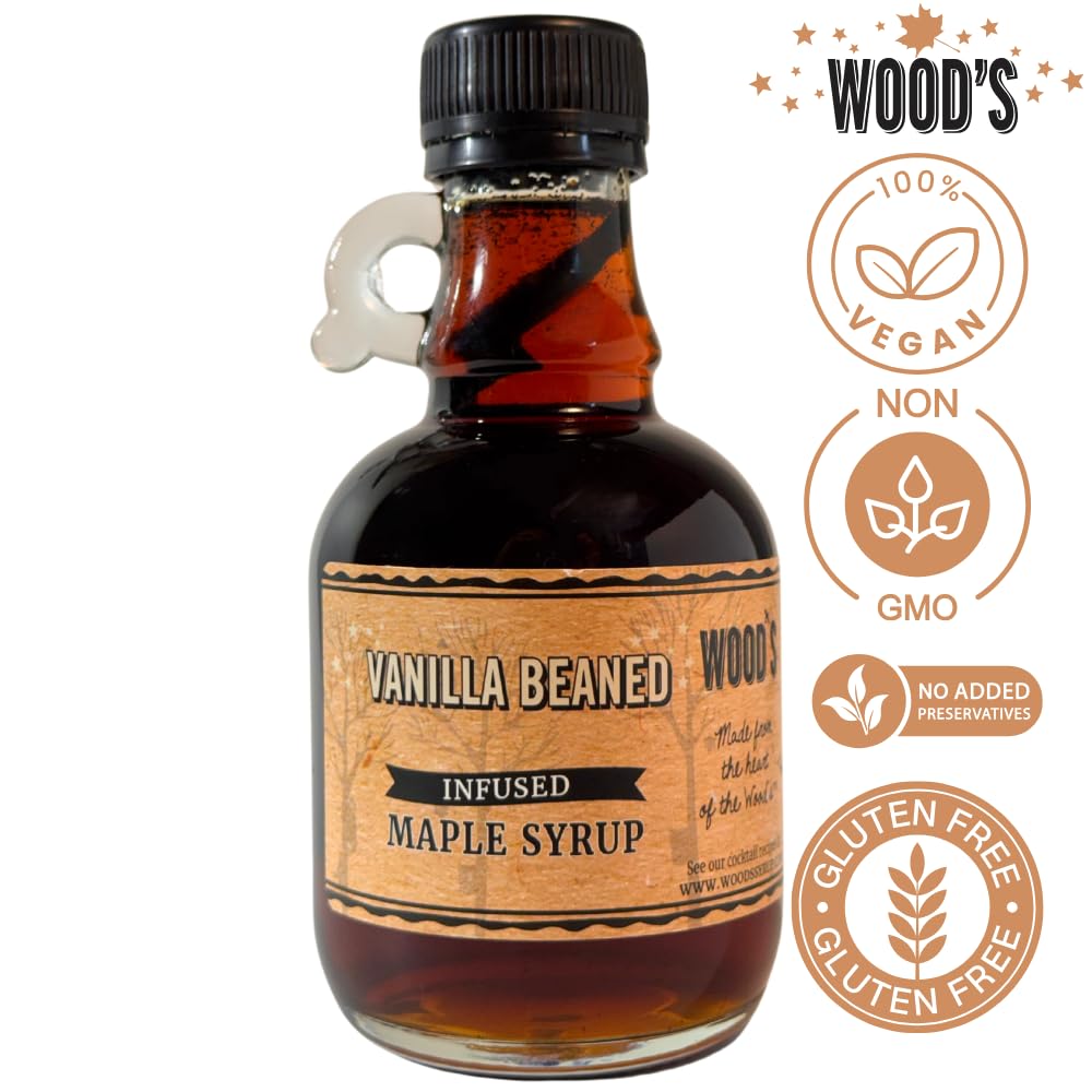 WOOD'S Vanilla Beaned Maple Syrup – Infused Vermont Maple Syrup with Real Vanilla Bean Pod | Smooth, Rich, All-Natural &amp; Vegan Sweetener | Perfect for Breakfast, Baking, Seafood, Popcorn &amp; More | 8.45 Fl Oz (250mL)