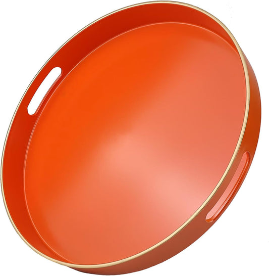Orange Round Decorative Tray with Handles, 13" Versatile Serving Tray for Coffee Table, Ottoman, Ideal for Serving,
