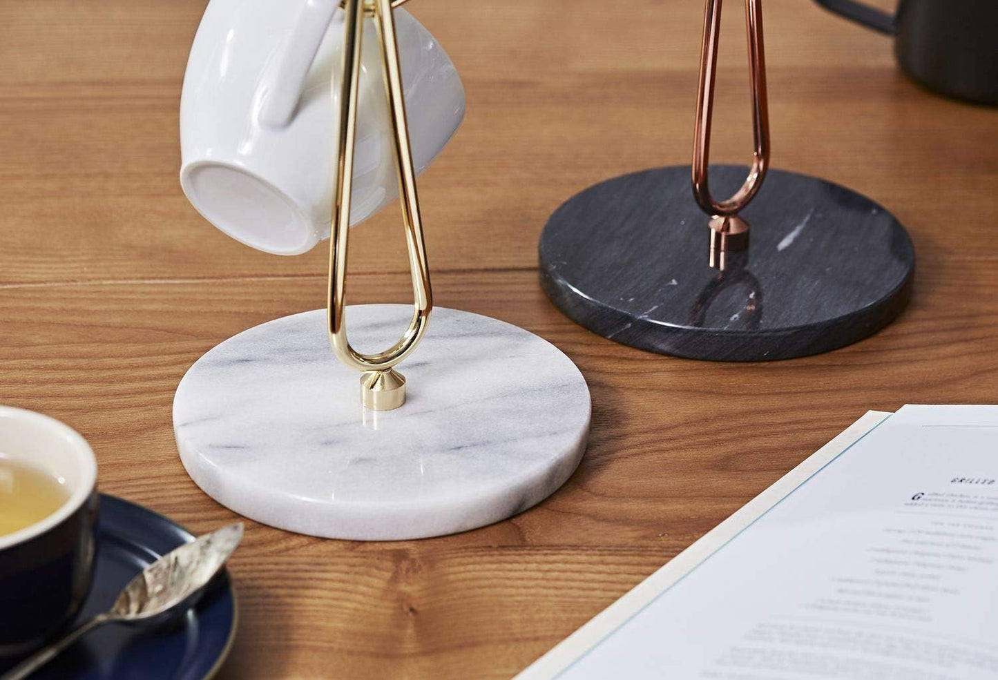 JEmarble Mug Holders with Copper Plated Standing - White Countertop Mug Tree, Coffee & Tea Cup Storage Rack, Coffee Counter Bar Accessory & Kitchen Organizer