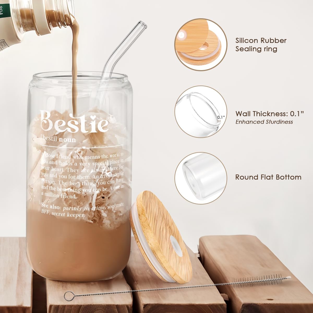 SANDJEST Best Friend Glass Can, Besties Definition Cup with Lid &amp; Straw, Iced Coffee Aesthetic Cups, Gift for Christmas Birthday Mother Day, Gifts for Women Friends Sisters, 16oz