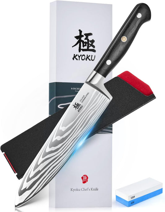KYOKU 8" Chef Knife, Samurai Series Japanese Chef's Knife with Sharpening Stone, High Carbon Steel Kitchen Knife with