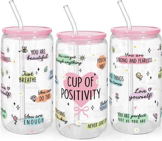 SANDJEST Inspiration Gifts - Glass Tumbler 16oz with Acrylic Lid and Straw - Iced Coffee Cups for Women, Aesthetic Glass Cup