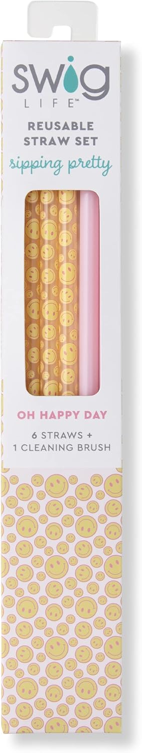 Swig Life Reusable Straw Set with Cleaning Brush, Oh Happy Day + Pink | Reusable Straw Set - Cleaning Brush Included - 14 Inch Long - Accessories for Cups &amp; Mugs