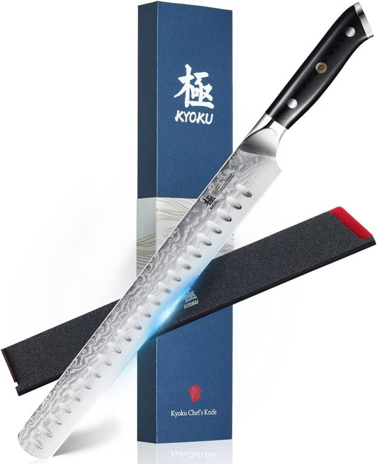 KYOKU Gin Series 12" Brisket Slicing Knife, Meat Carving Knife with Silver PVD Coating Mosaic Pin Handle for Professional