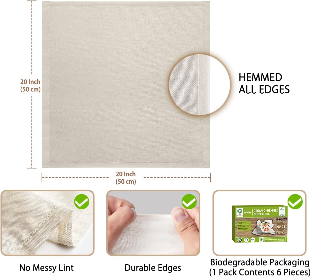 Organic Cheese Cloths, GOTS Certified, 6PCS, Grade 100, 20x20Inch Hemmed Cheese Cloth Fabric Reusable Fine Mesh Cloth, 100% Cotton Unbleached Muslin Cheesecloth for Straining, Cooking, Yogurt, Juicing