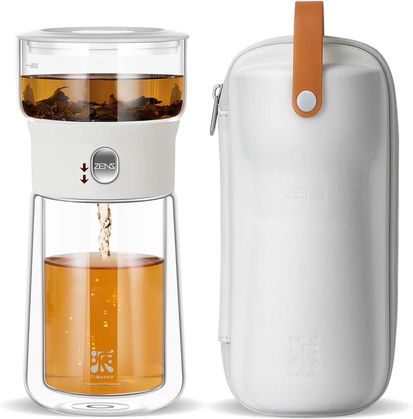 ZENS Modern Glass Infuser Pot, One Touch Tea Maker for Loose Leaf Tea | Glass Teapot with Infuser, Magic Tea Infuser with 6.7oz Insulated Mug and Portable Case for Tea Lovers Gifts