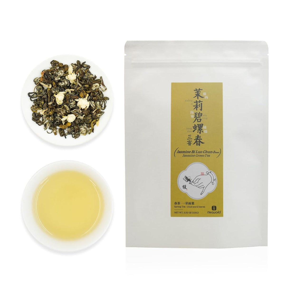 iTeaworld Jasmine Loose Leaf Green Tea,Scented Jasmine Biluochun 3.5oz | Up to 250 Cups|Authentic Triple-Scented Jasmine Green Tea|No Additive|Includes Tea Bags Easy Mug Brewing