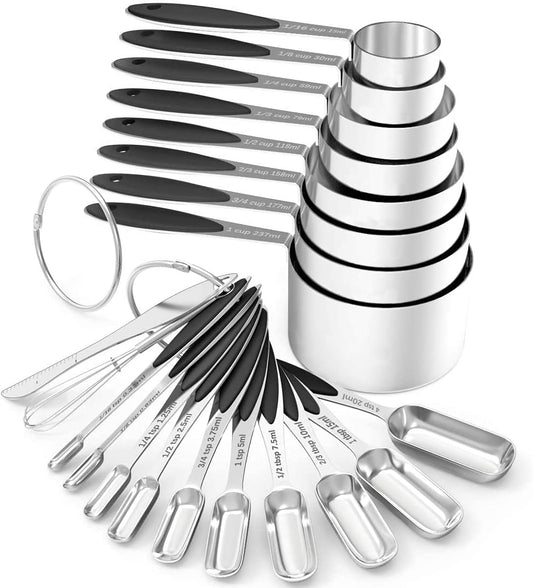 Measuring Cups and Spoons - Wildone Stainless Steel 20 Piece Stackable Set, Includes 8 Black Measuring Cups, 10 Measuring