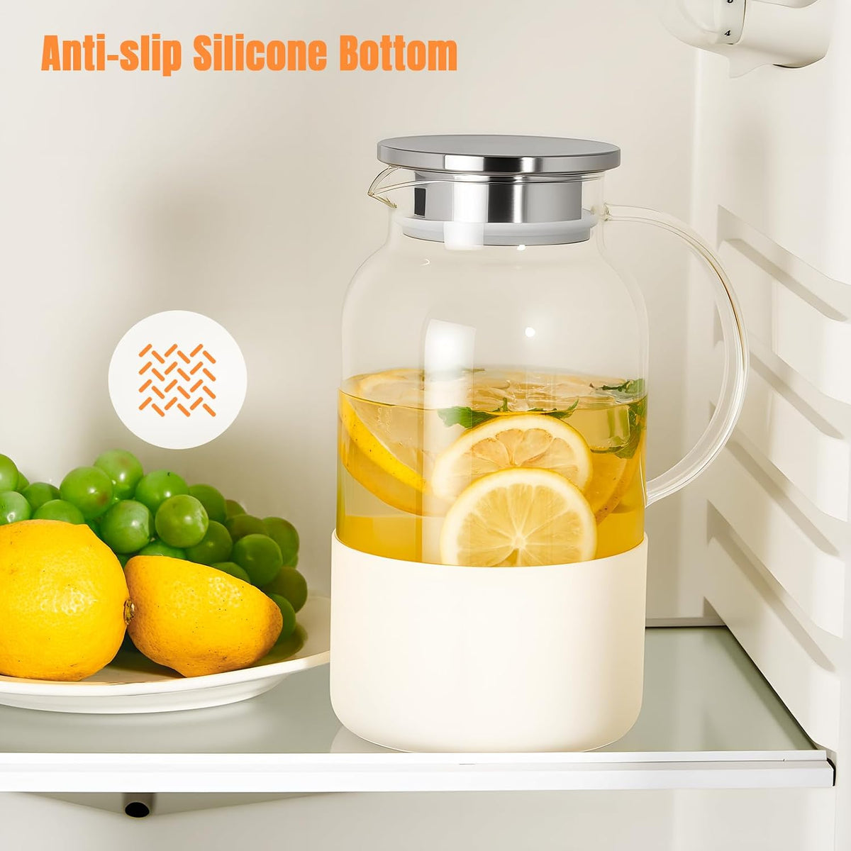 PARACITY Glass Pitcher with Lid, 61 oz Glass Water Pitcher, Off-White Base | Glass carafe with lid; silicone base for hot or cold coffee, lemonade and milk, serves as a juice pitcher or water jug