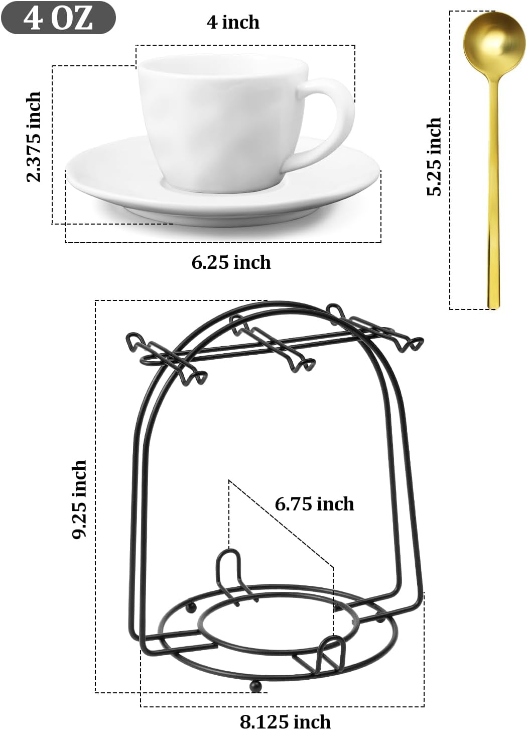 4 oz Espresso Cups Set of 6 with Saucers