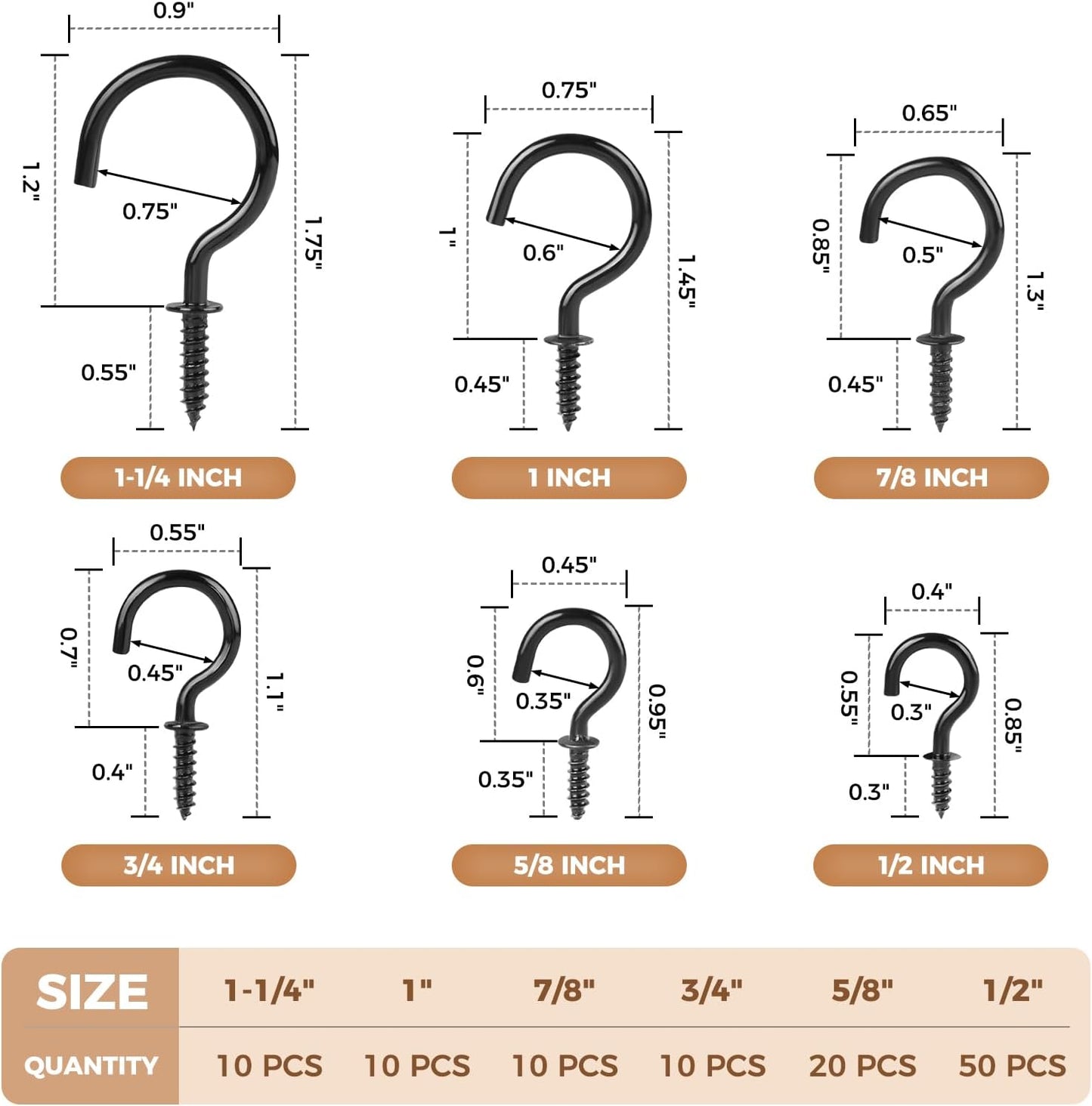 RELBRO Screw Hooks, 6 Sizes Metal Screw in Cup Hooks, Black, 110 Pcs