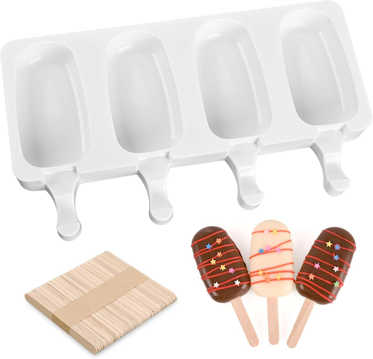 Popsicle Silicone Mold with 50 Pcs Wooden Sticks | Food Grade Silicone, Easy to Use, Oval Homemade Ice Cream Molds for Ice Pop, Cakesicles, Cake Pop