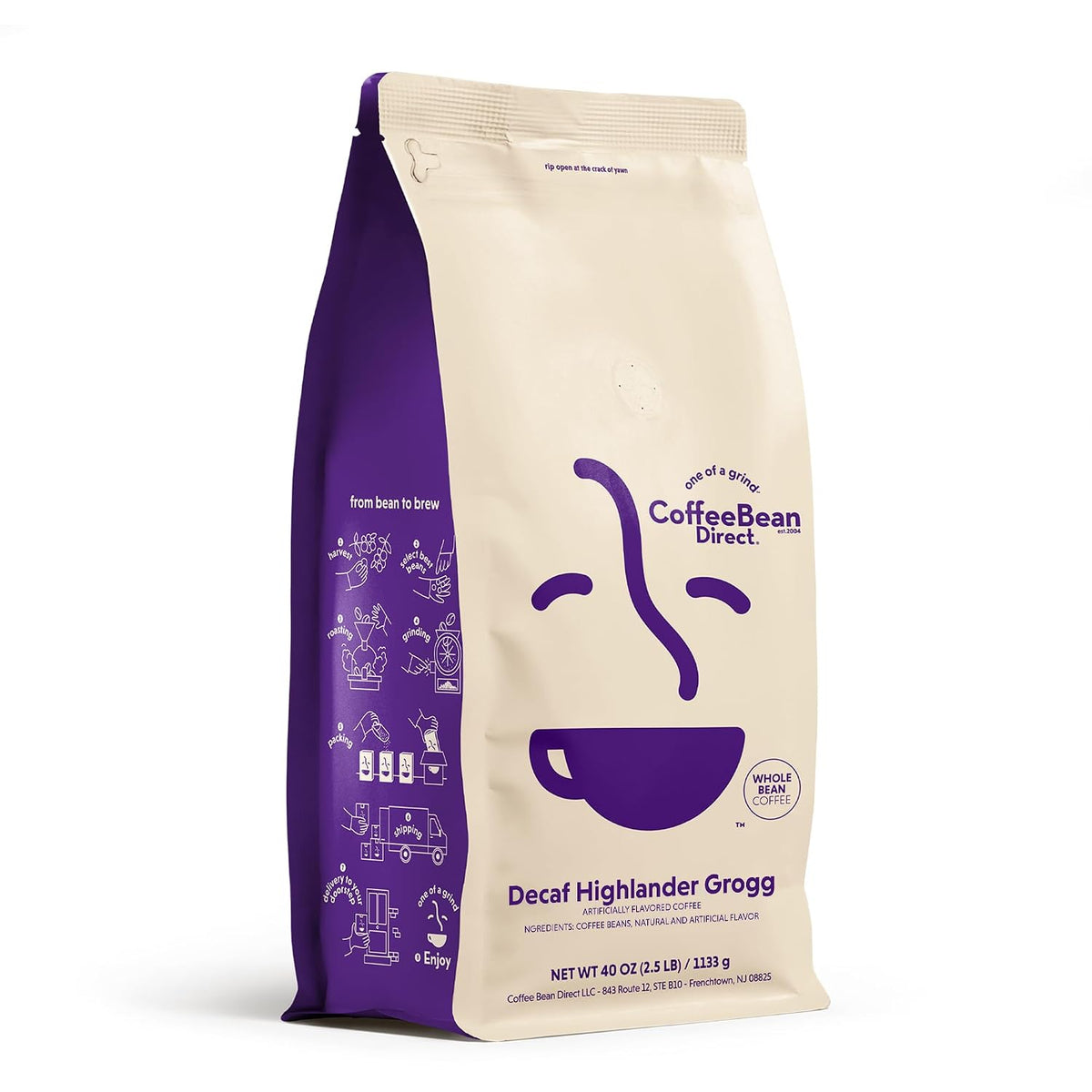 Coffee Bean Direct Decaf Highlander Grogg Flavored, Whole Bean, 2.5lb Bag | Light Roast, Gourmet Flavored Coffee Beans, Decaffeinated