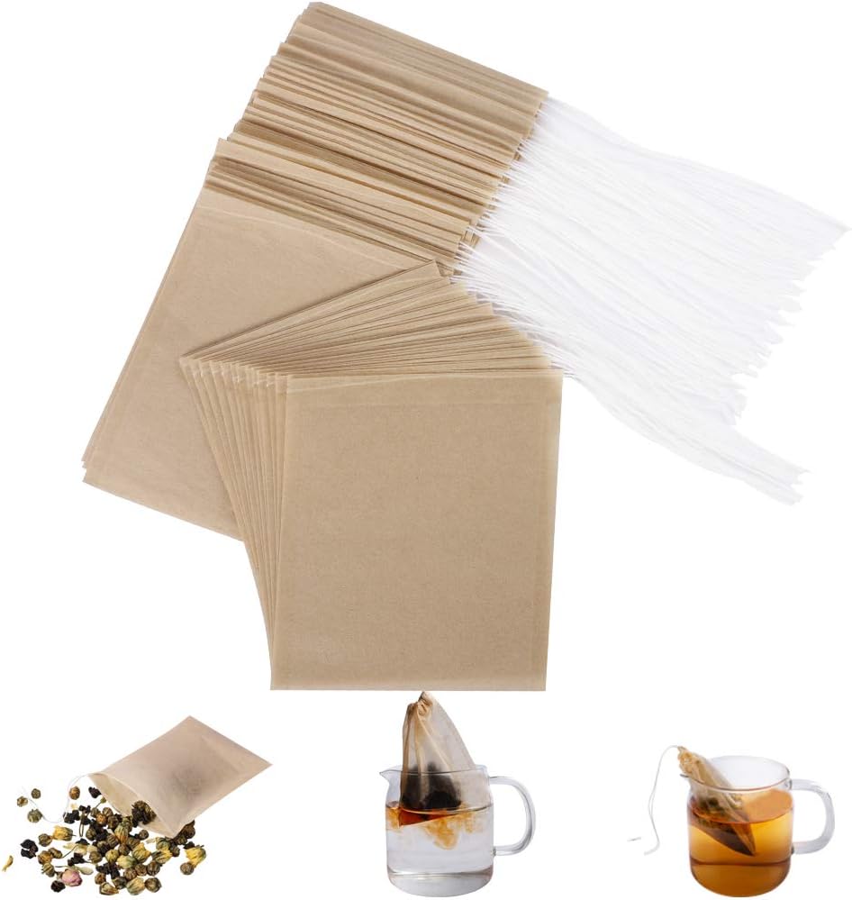 Aksuaple Eco-Fil Disposable Tea Filter Bags for Loose Tea, Wood Pulp Material, Biodegradable and Compostable, Unbleached Empty Tea Infuser Sachets with Drawstring, 100 Pack (3.2inch x 4.0inch) | Wood Pulp Material, Biodegradable and Compostable, Unbleache