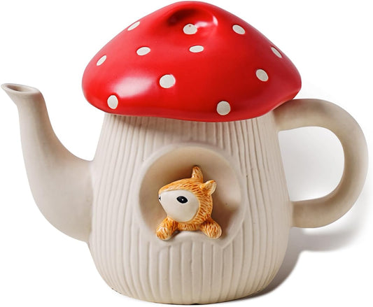Cute Mushroom Teapot, Handmade Glaze Polka Dot Lid, Safety Matt Ceramic Tea Pot, With squirrel decoration. 23 oz / 680 ml.