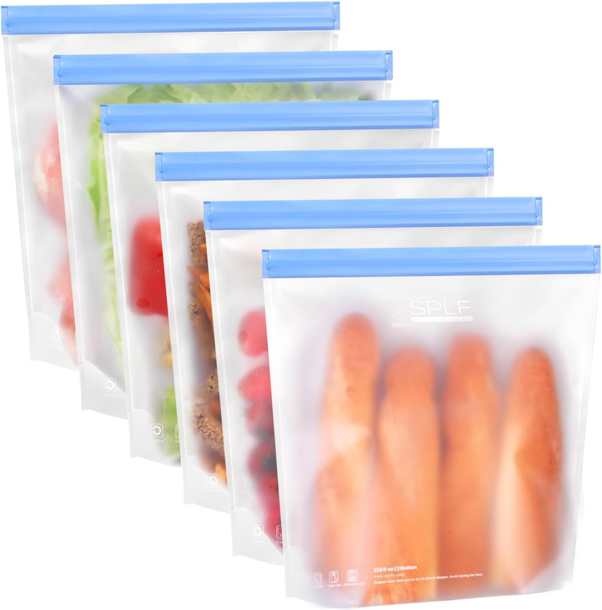 SPLF 6 Pack Stand-Up Reusable 2 Gallon Freezer Bags Dishwasher Safe, Reusable Freezer Bags 2 Gallon, Leakproof BPA Free Food Storage Bags for Marinate Meat, Veggies, Homemade Bread, Snack, Travel Item