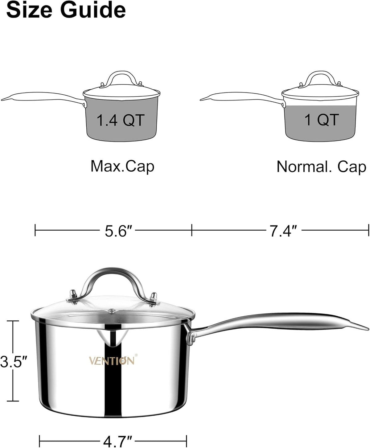 VENTION Tri-Ply Stainless Steel 1 Quart Saucepan with Lid, Bright Small Sauce Pan with Pour Spout, Small Pots for Cooking, Right Hand