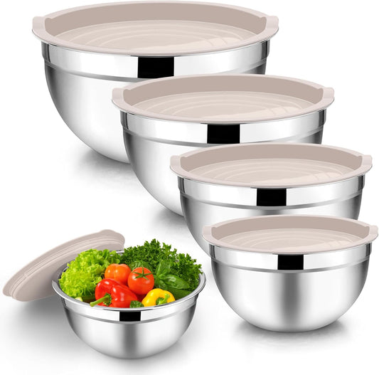 TeamFar Mixing Bowls with Lids, 5-Piece Stainless Steel Metal Nesting Salad Bowl for Mixing Prepping, Healthy & Heavy Duty,