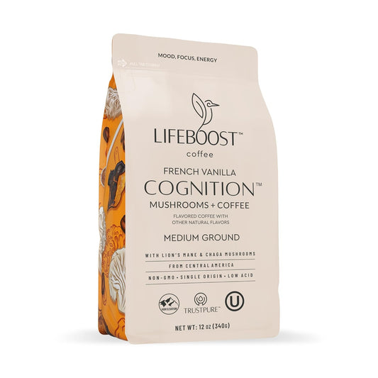 Lifeboost French Vanilla Cognition Mushroom Coffee - Low Acid Medium Organic Coffee with Nootropic Lions Mane & Chaga