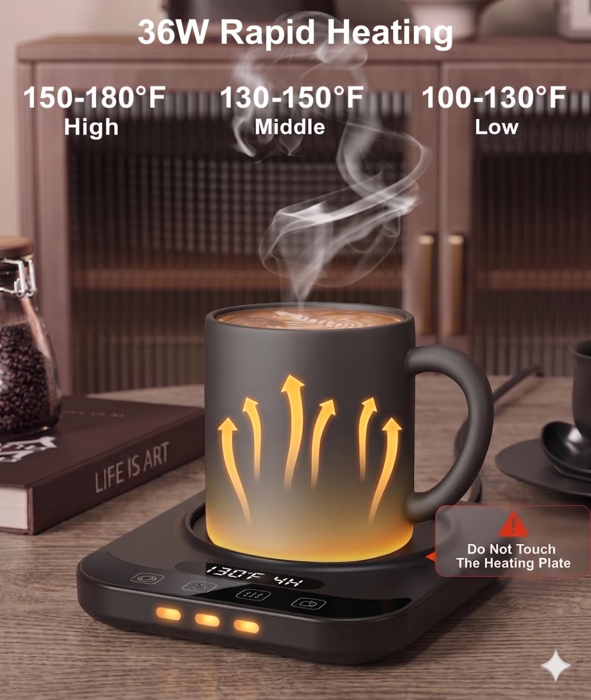 TTKXT Smart Coffee Mug Warmer with LED Display, Intelligent Cup Material Sensing &amp; 9 Temp Settings, Auto Shut-Off Electric Beverage Warmer for Desk, Candle Wax Warmer, (Black)