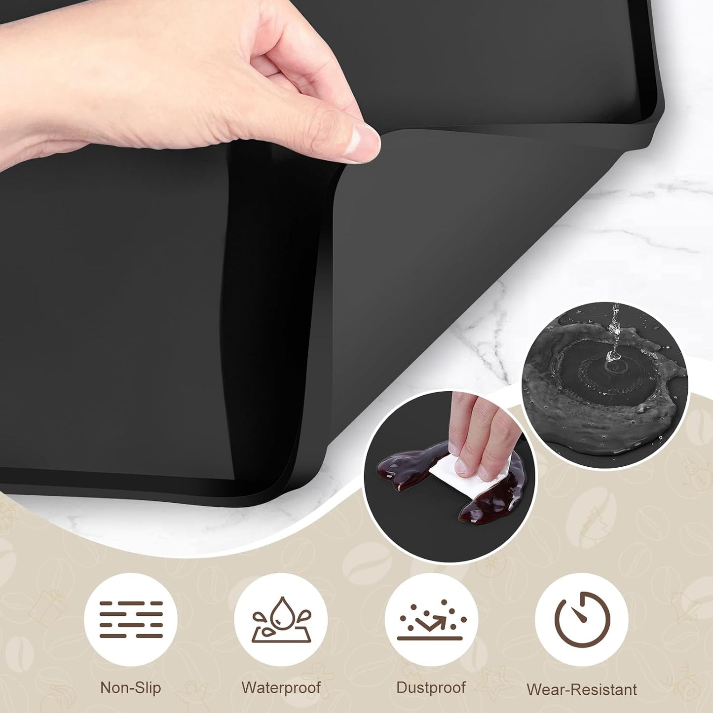Silicone Coffee Mat with 6 Coasters,24"x16" Counter Bar Mat Fits Under Coffee Maker/Pot &amp; Espresso Machine, Bar Aceessories,Detachable Drying Pad for Tamper,Sugar Packets,Cups &amp; Countertop Protection