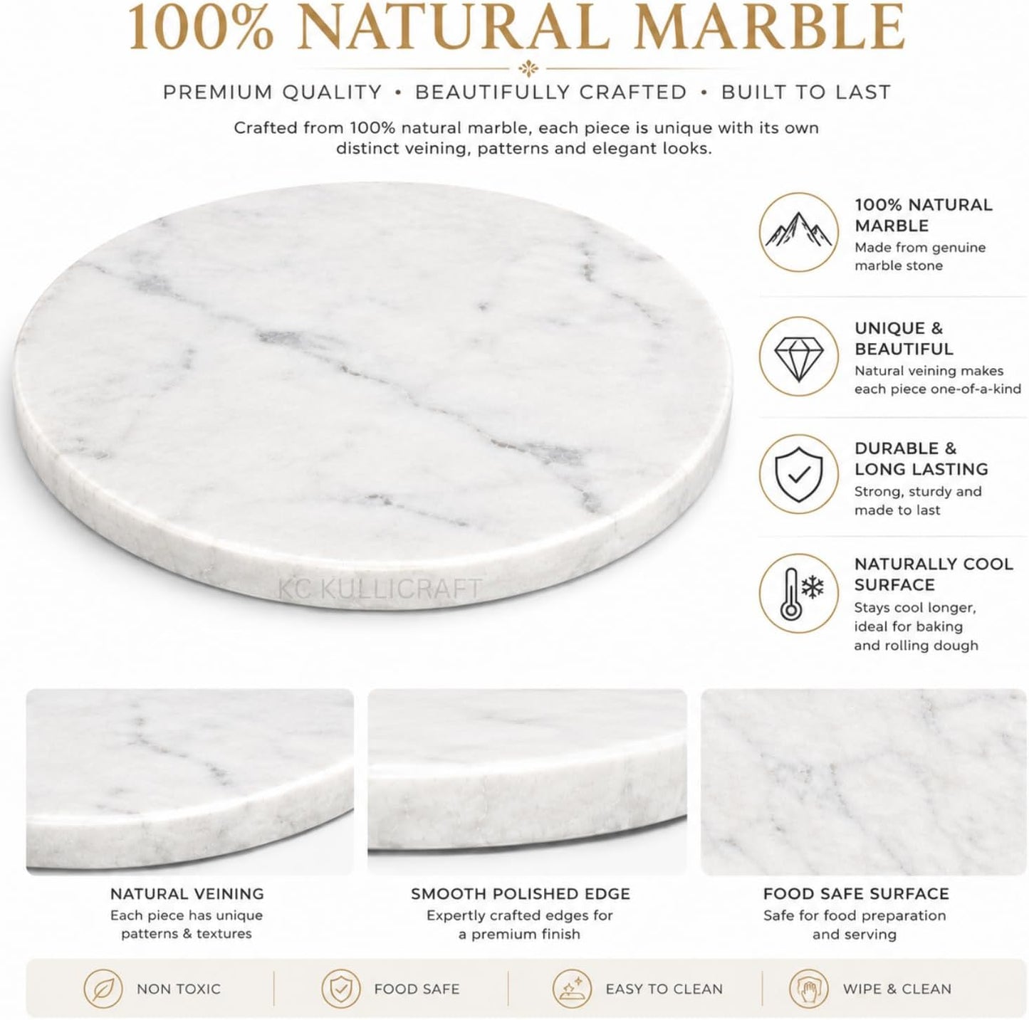 11-Inch Round Marble Cheese Cutting Board, White | Solid Natural Stone, Cutting Board &amp; Charcuterie Serving Tray, Non-Slip Feet, 0.5" Thick, Easy to Clean