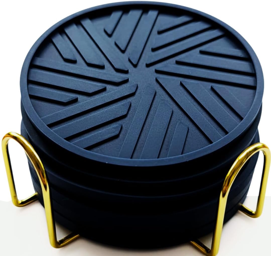 Navy Blue Coasters Set of 6 - Non-Slip Table Coasters for Drinks with Groove Patterns &amp; Gold Holder 4", 0.23"