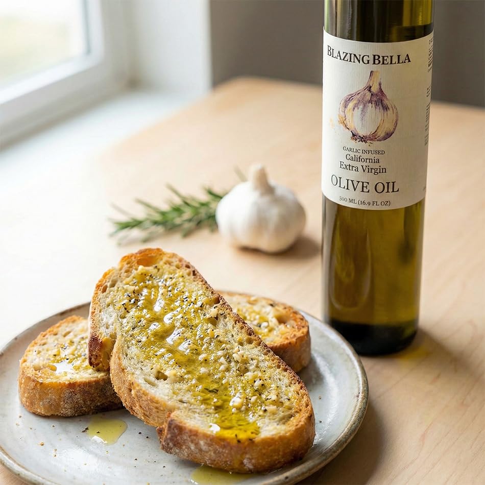 Blazing Bella Garlic Infused Extra Virgin Olive Oil - Rich Fresh Garlic Flavor, Cold Pressed California Olive Oil, Perfect for Pasta, Vegetables, Bread, and Everyday Cooking - 16.9 fl oz (500ml)