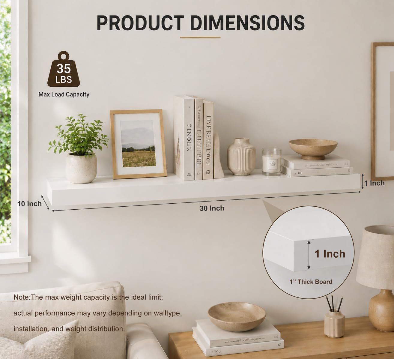 Floating Shelf, Set of 1 Wall Shelf, 30 in W x 12.75 in D x 2 in H Wooden Floating Wall Shelf with Invisible Brackets for Living Room/Bedroom/Bathroom/Kitchen Storage and Decor, White