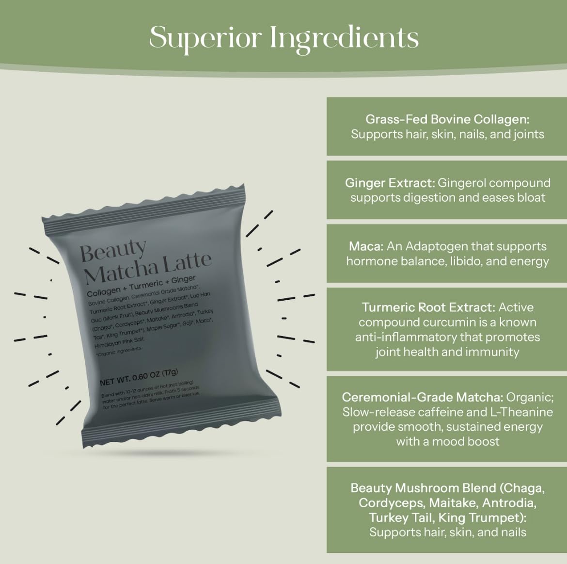 Kroma Beauty Matcha Latte Powder with Collagen, 7 Servings, 17g | Travel size collagen ceremonial grade matcha green tea latte with bovine collagen, ginger, turmeric &amp; adaptogenic mushrooms.