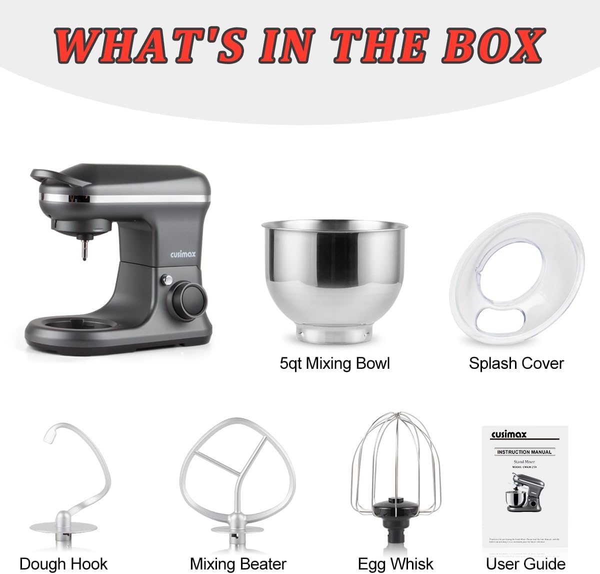 CUSIMAX Stand Mixer 5-QT Tilt-Head Food Mixer Kitchen Electric Mixer with Dough Hook, Wire Whip & Beater for Daily Use
