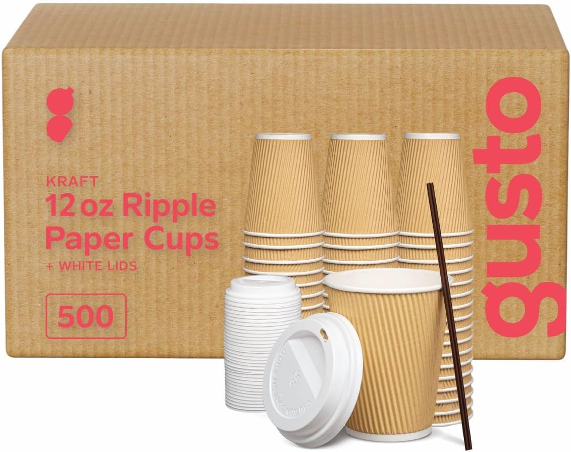 GUSTO [12 oz. - 500 Count Insulated Kraft Ripple Paper Hot Cups, Disposable Coffee Cups With Lids - Ideal for Hot Beverages, Travel, and Office Use (Formerly Comfy Package)