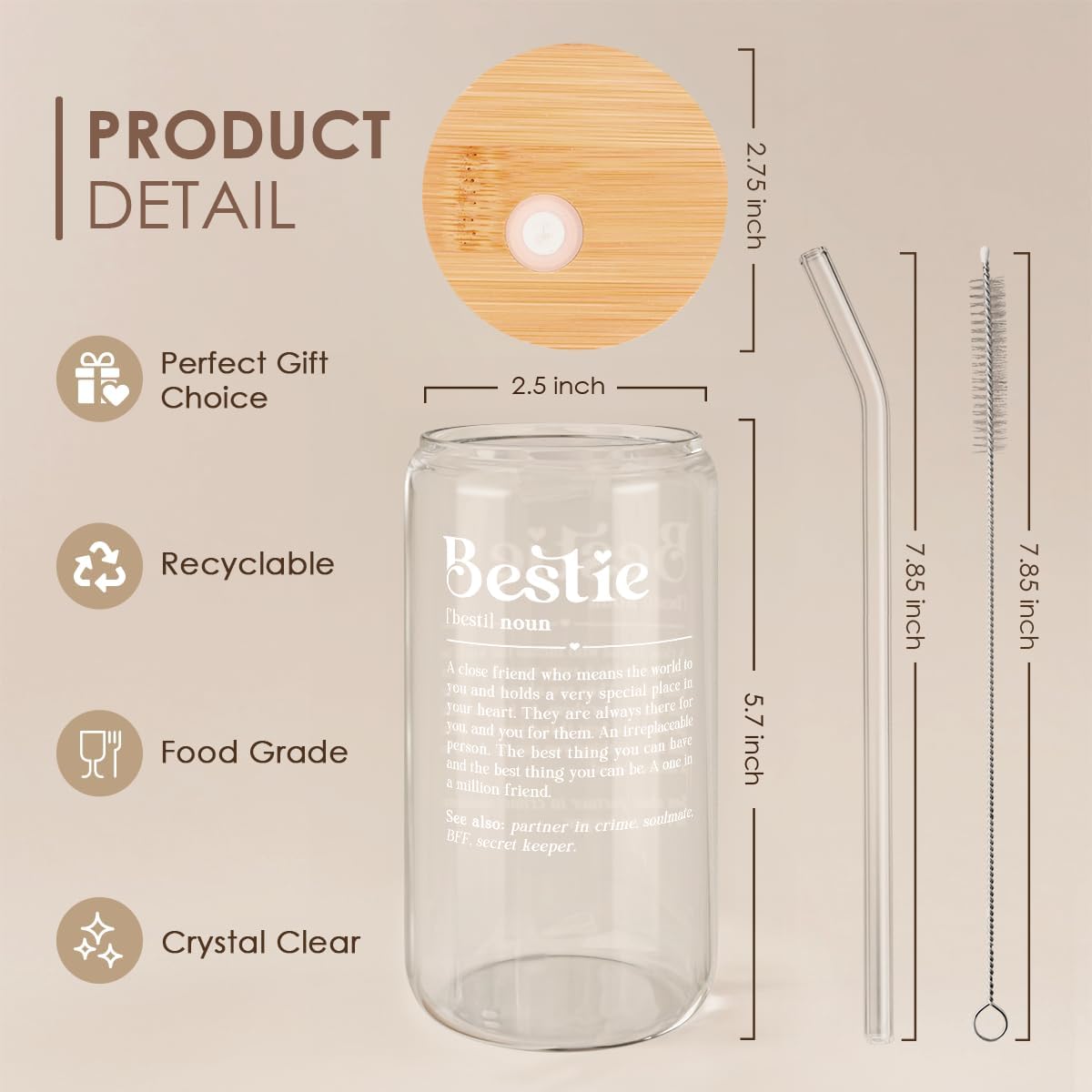 SANDJEST Best Friend Glass Can, Besties Definition Cup with Lid &amp; Straw, Iced Coffee Aesthetic Cups, Gift for Christmas Birthday Mother Day, Gifts for Women Friends Sisters, 16oz