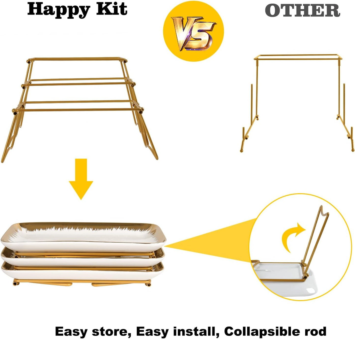 HAPPY KIT 3-Tier Porcelain Serving Tray 12in, Gold-Rimmed Combinable Rack | Freely Combinable Rack, Widened Porcelain Platters, Cupcake Stand Collapsible, Gold-Rimmed